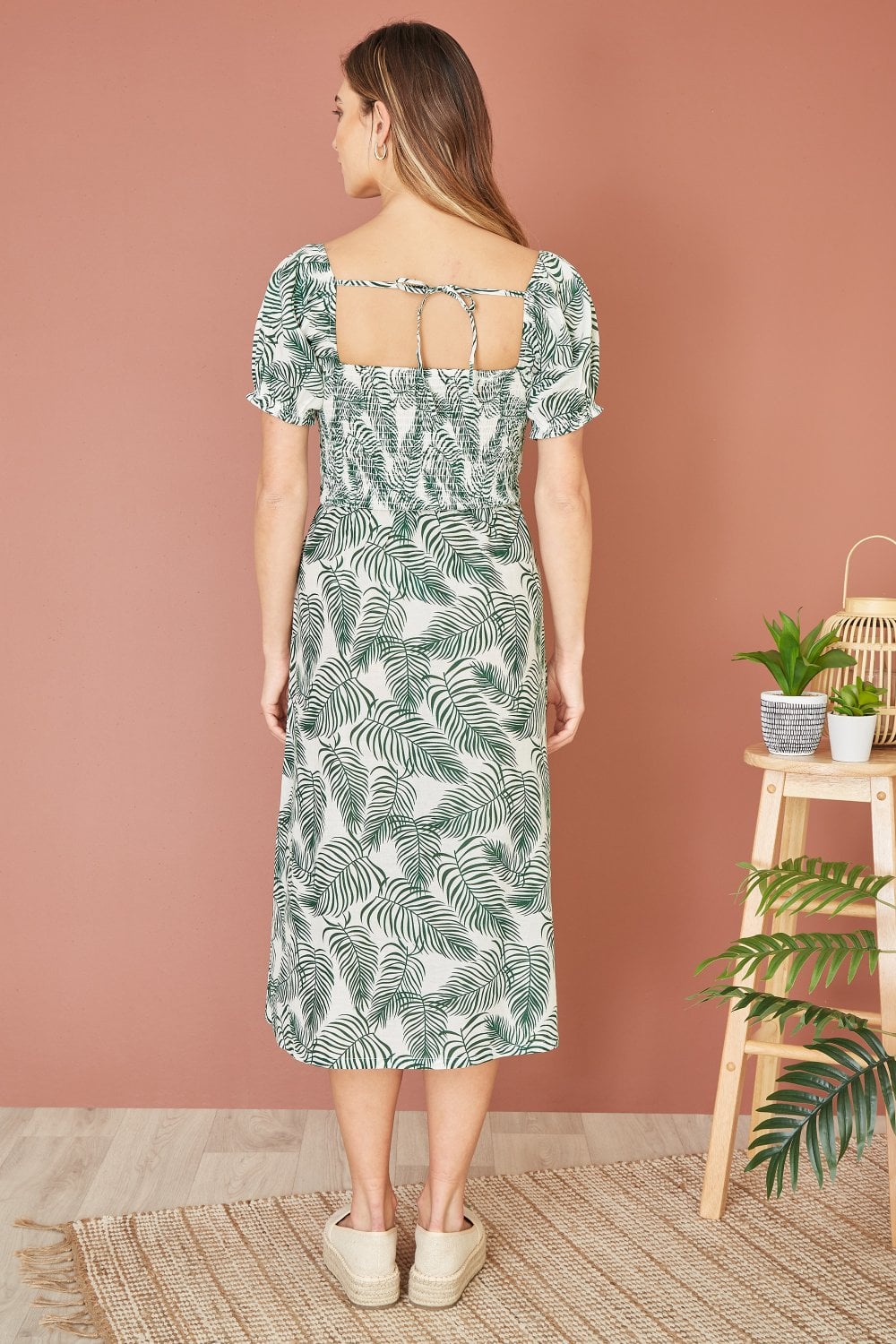 Yumi Green Organic Cotton Palm Print Midi Dress With Side Split Yumi