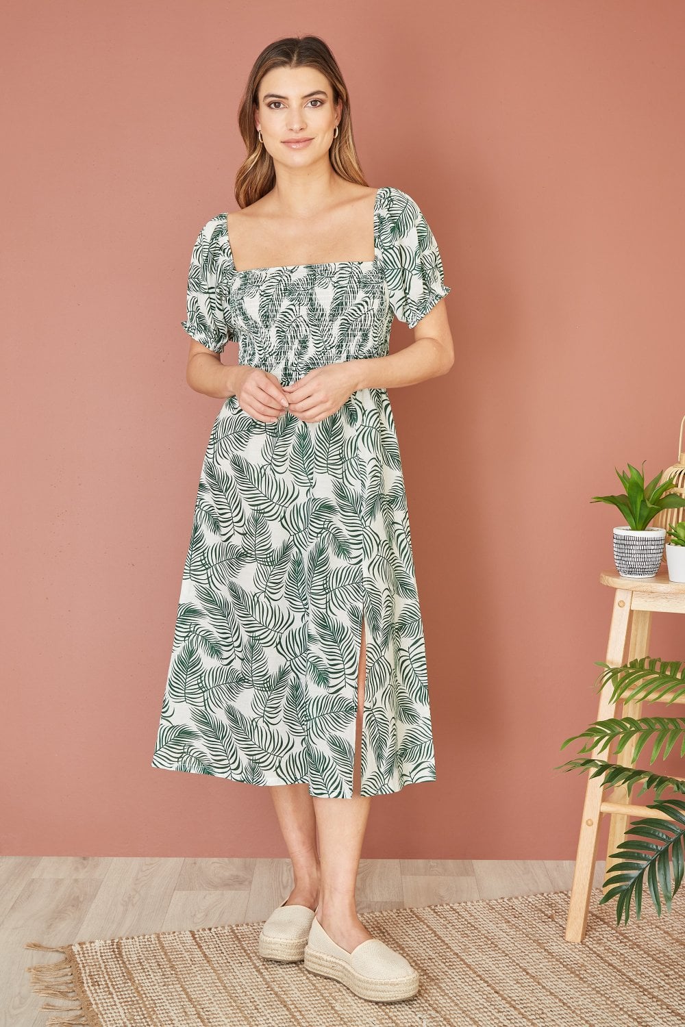 Yumi Green Organic Cotton Palm Print Midi Dress With Side Split Yumi