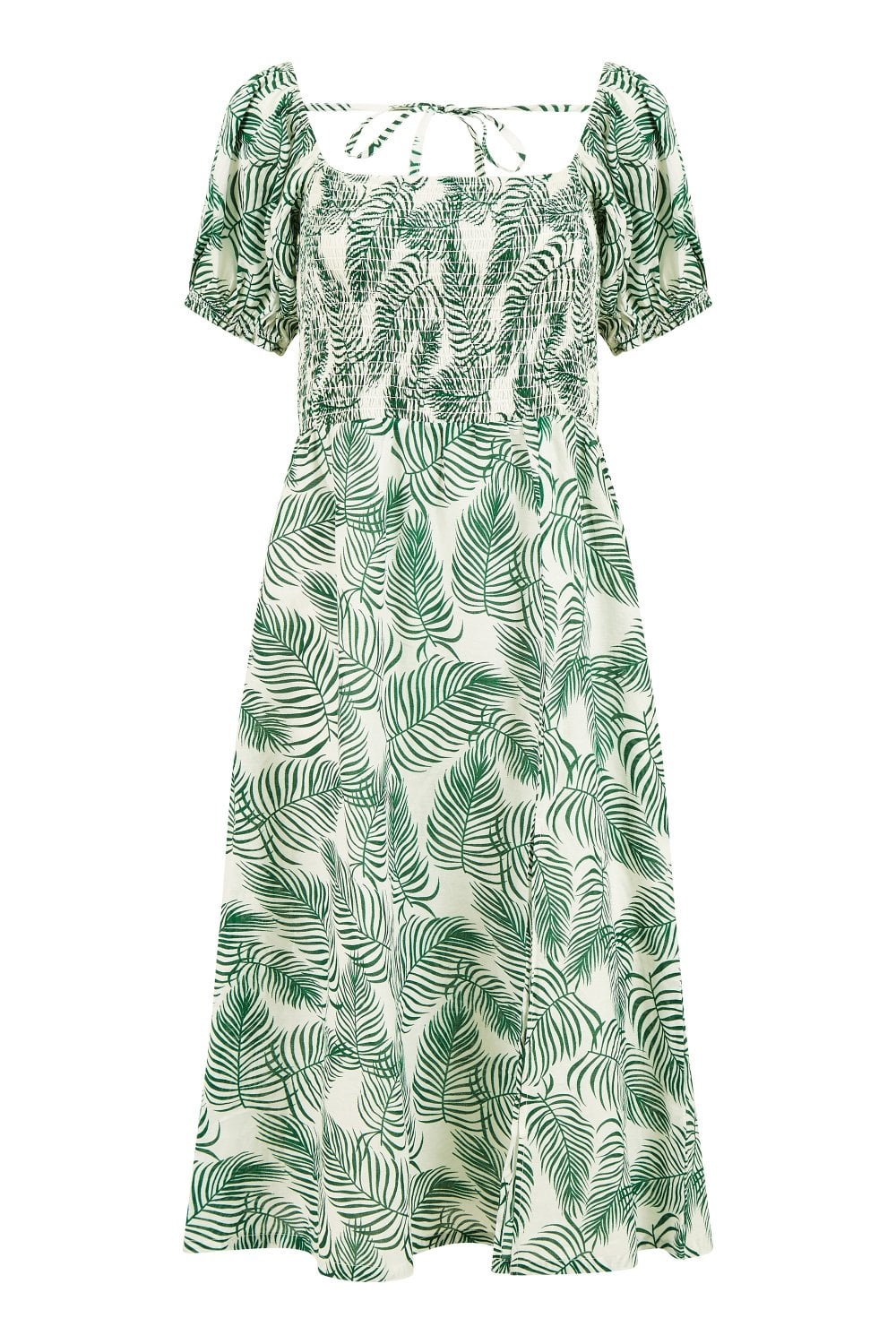 Yumi Green Organic Cotton Palm Print Midi Dress With Side Split Yumi