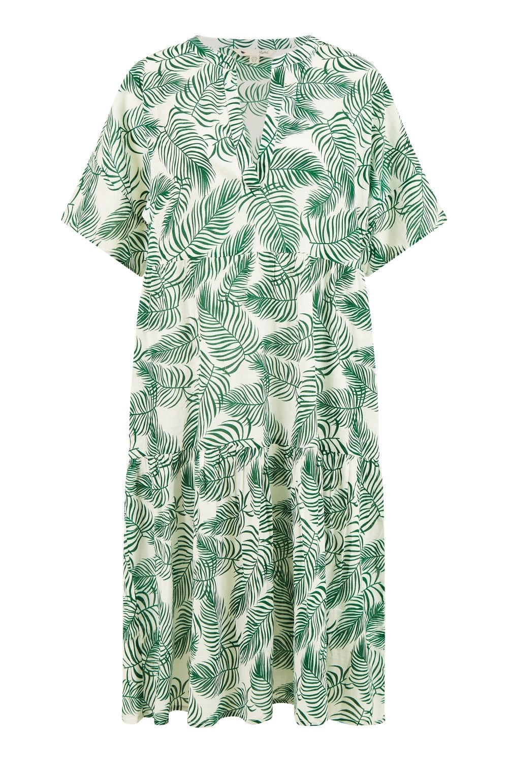 Yumi Green Organic Cotton Palm Print Tiered Tunic Dress Yumi