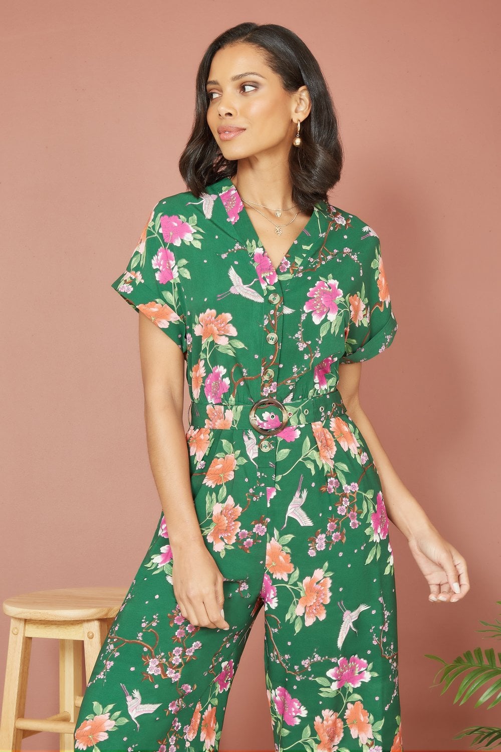 Yumi Green Recycled Crane Print Jumpsuit With Matching Belt Yumi