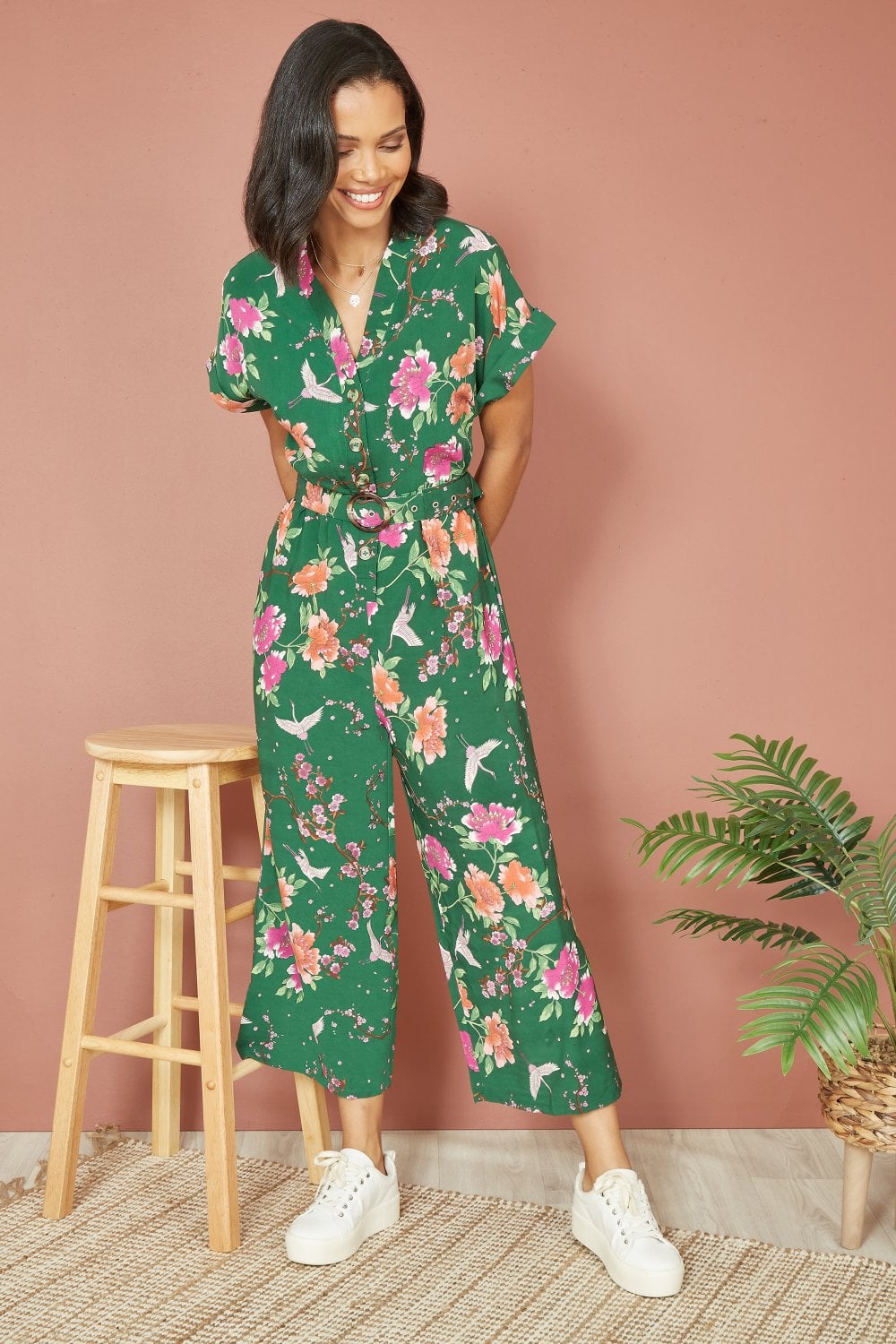 Yumi Green Recycled Crane Print Jumpsuit With Matching Belt Yumi