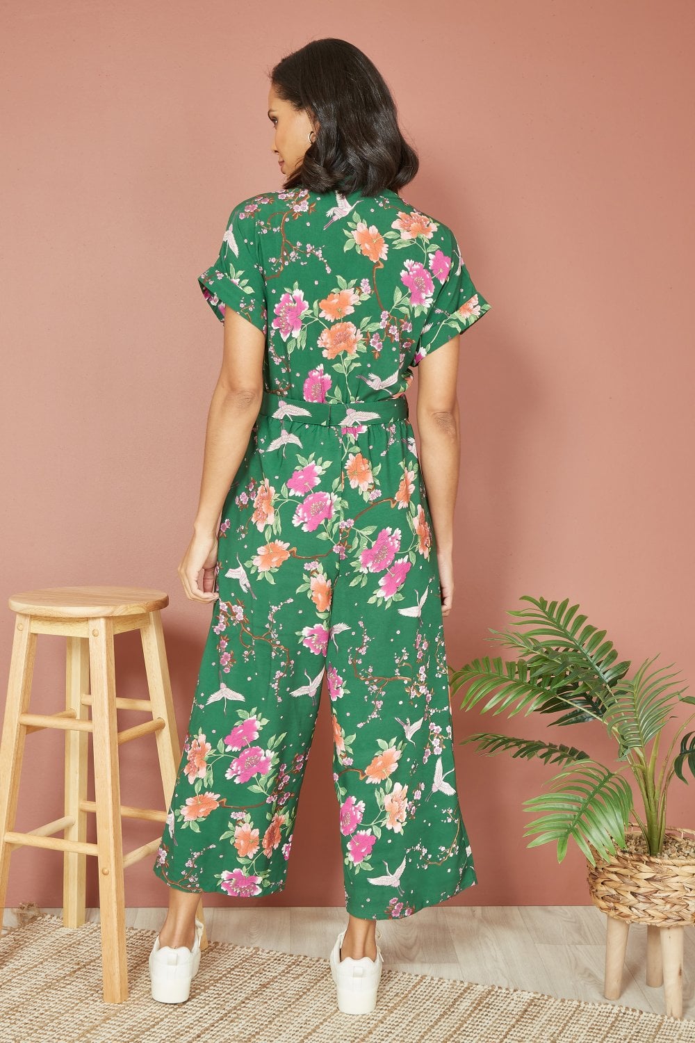 Yumi Green Recycled Crane Print Jumpsuit With Matching Belt Yumi