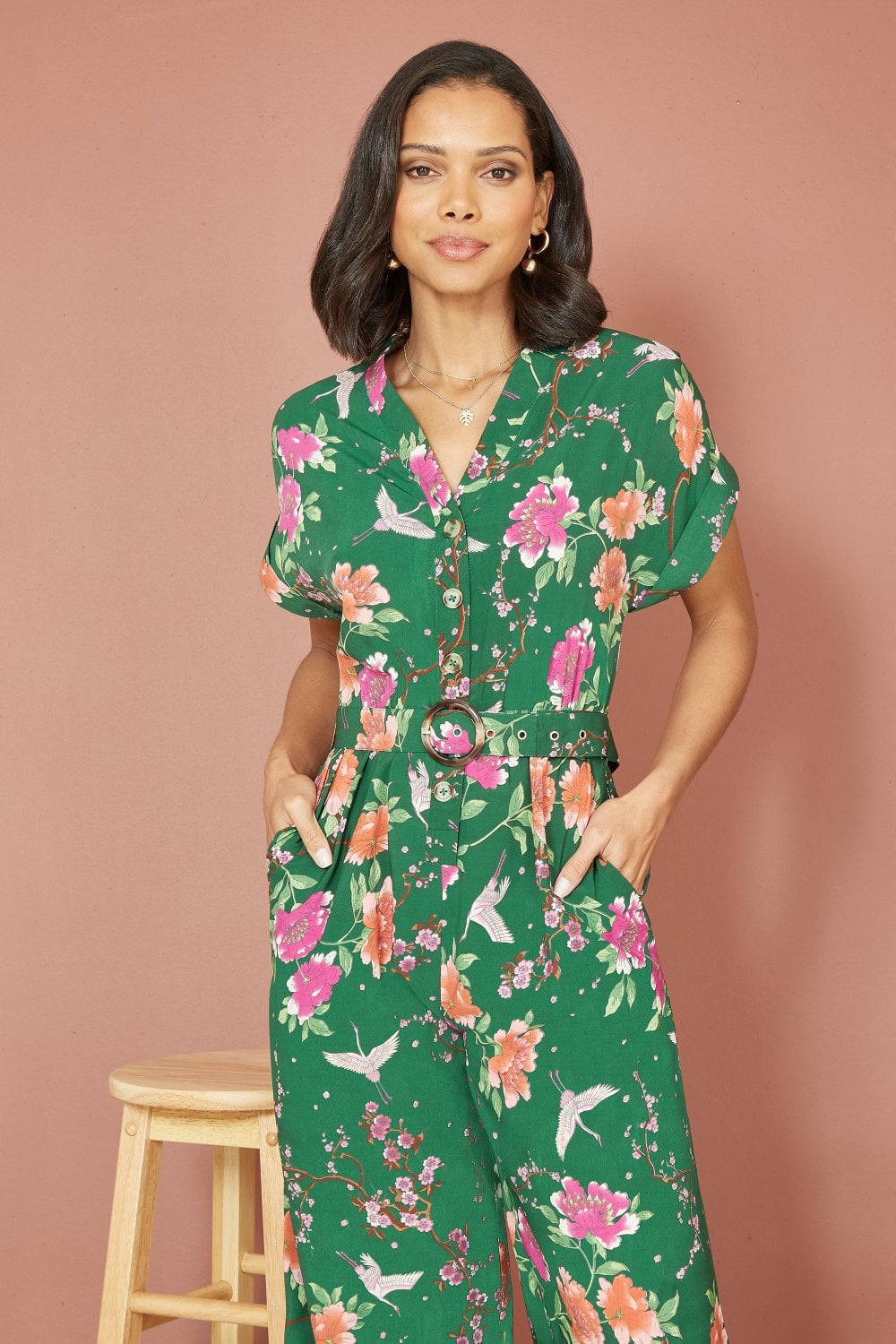 Yumi Green Recycled Crane Print Jumpsuit With Matching Belt Yumi