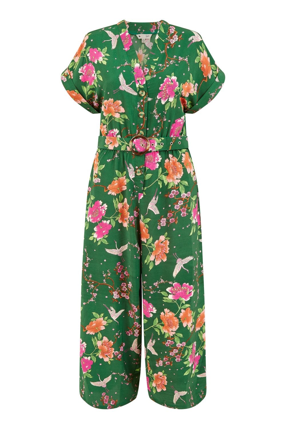 Yumi Green Recycled Crane Print Jumpsuit With Matching Belt Yumi