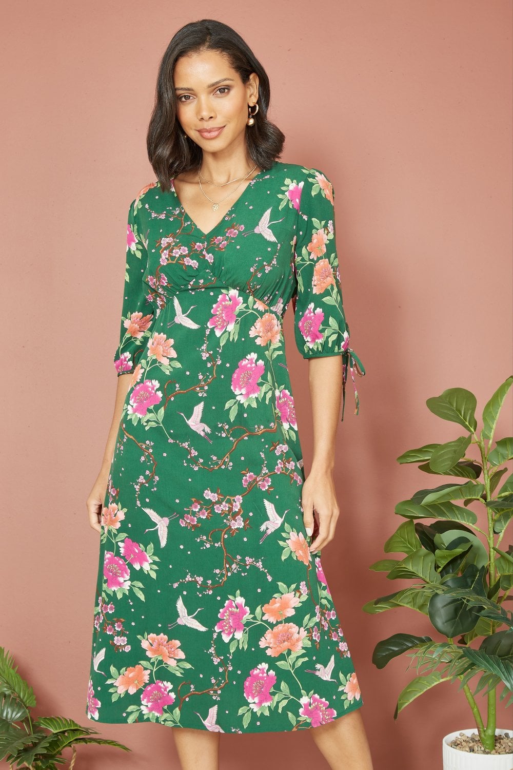 Yumi Green Recycled Crane Print Kimono Midi Dress Yumi