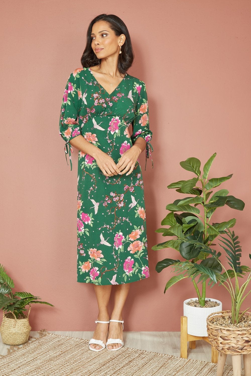 Yumi Green Recycled Crane Print Kimono Midi Dress Yumi