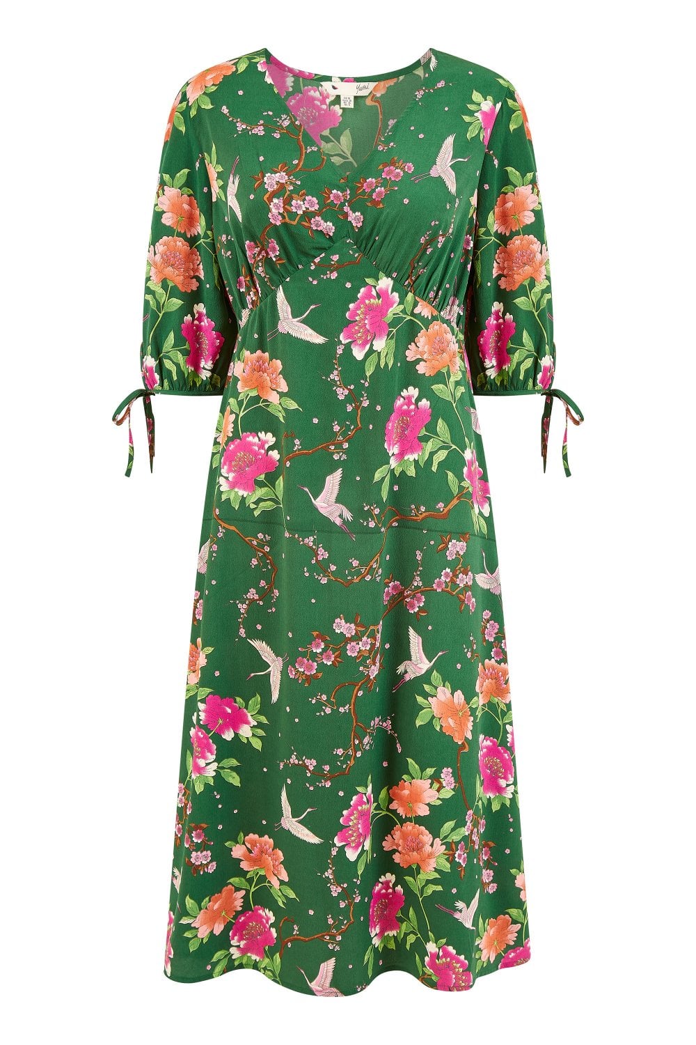 Yumi Green Recycled Crane Print Kimono Midi Dress Yumi