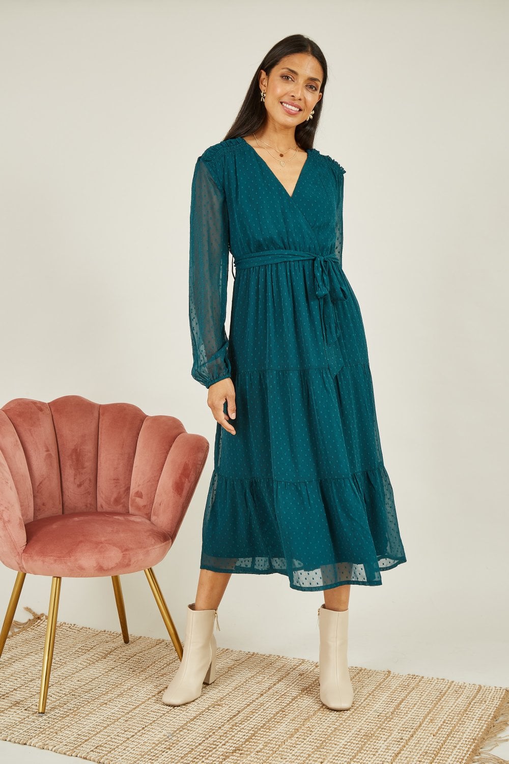 Yumi Green Recycled Dobby Spot Long Sleeve Midi Wrap Dress Yumi