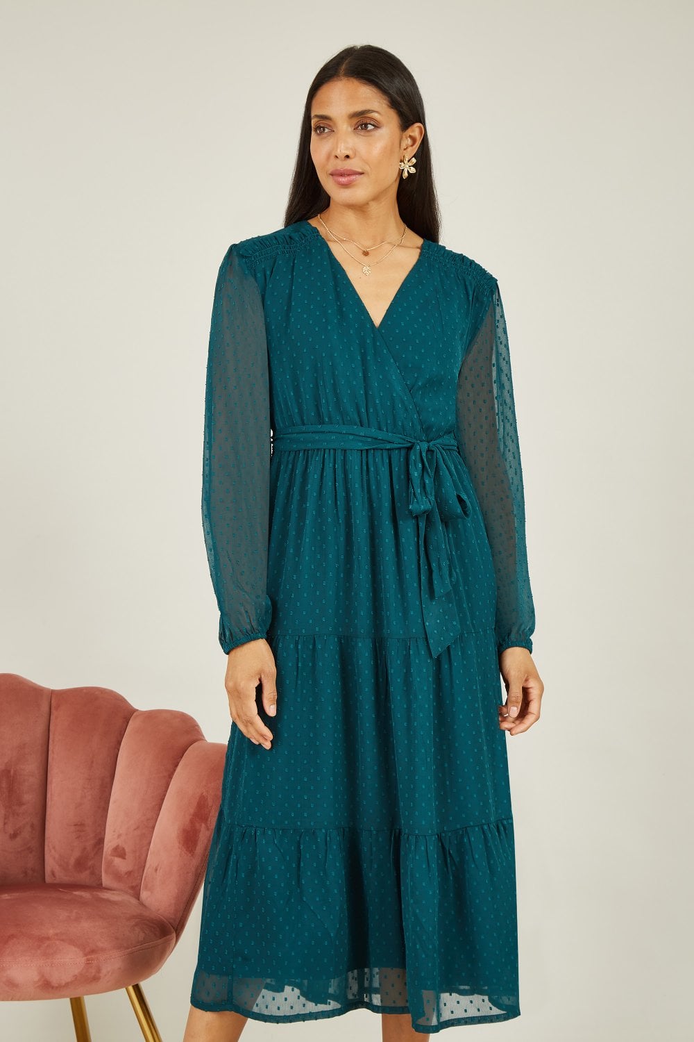 Yumi Green Recycled Dobby Spot Long Sleeve Midi Wrap Dress Yumi