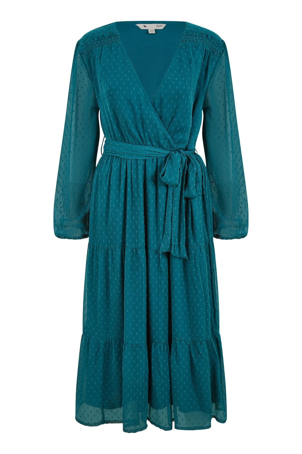 Yumi Green Recycled Dobby Spot Long Sleeve Midi Wrap Dress Yumi