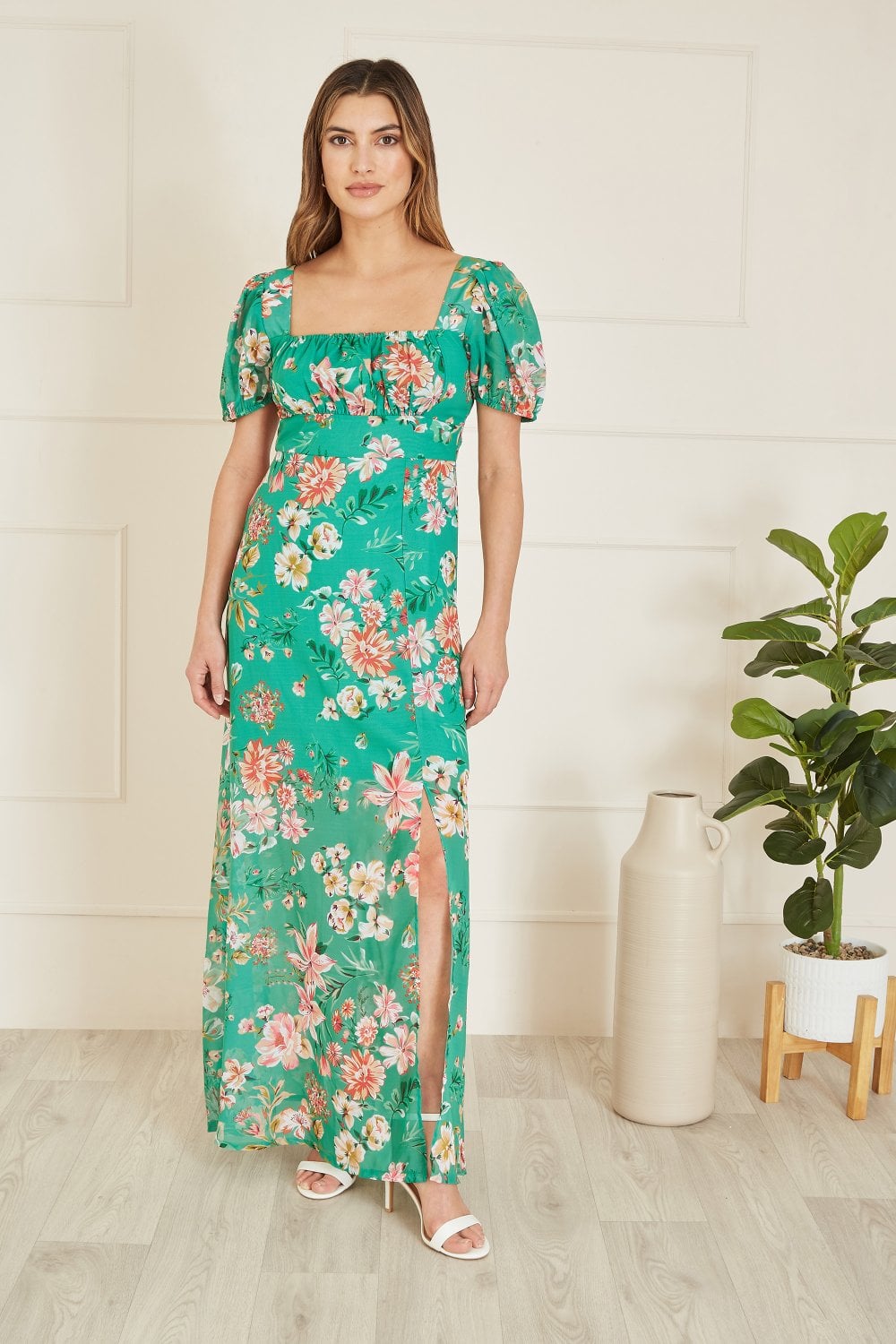 Yumi Green Recycled Floral Print Square Neck Maxi Dress With Split Hemline Mela