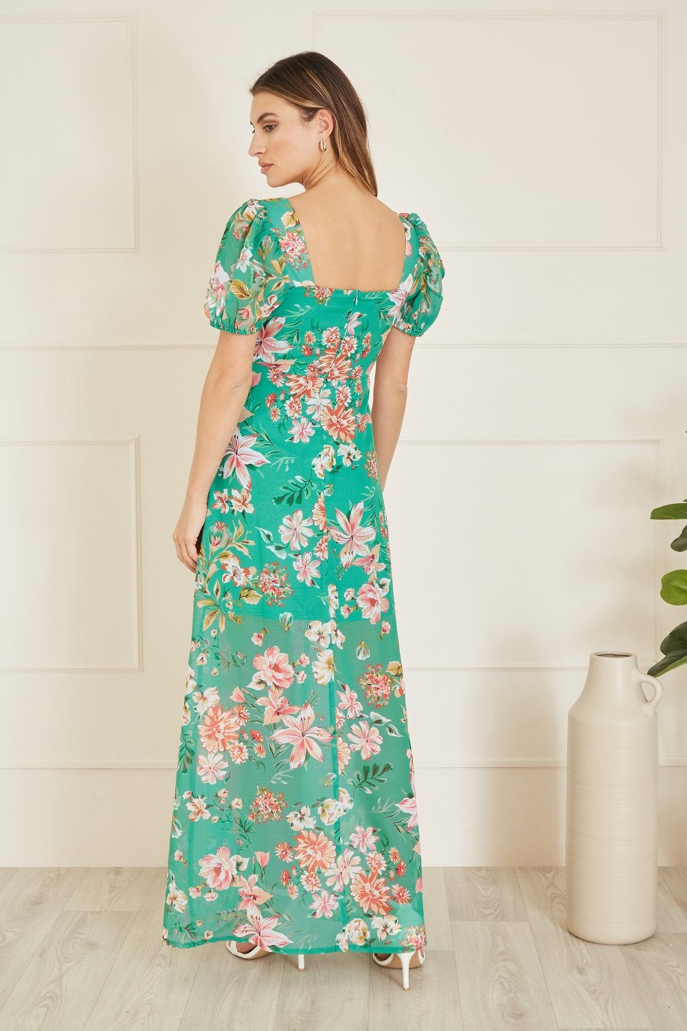 Yumi Green Recycled Floral Print Square Neck Maxi Dress With Split Hemline Mela