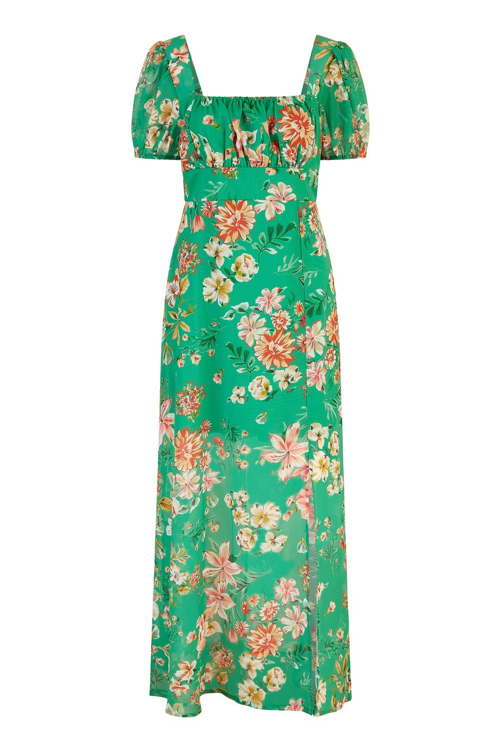 Yumi Green Recycled Floral Print Square Neck Maxi Dress With Split Hemline Mela