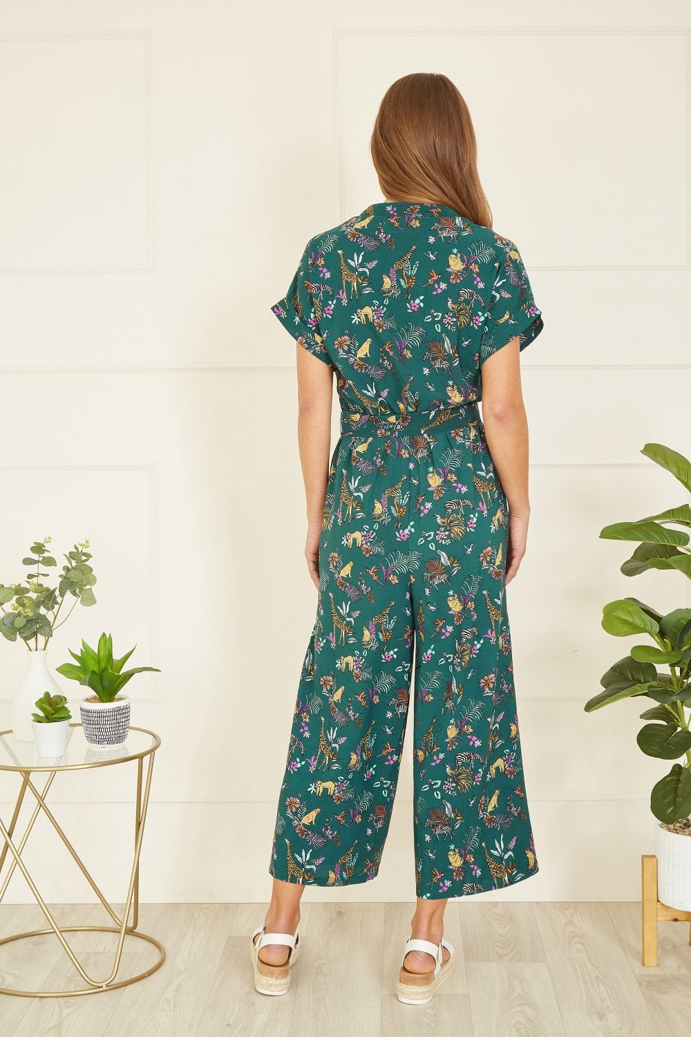 Yumi Green Recycled Safari Animal Print Jumpsuit Yumi