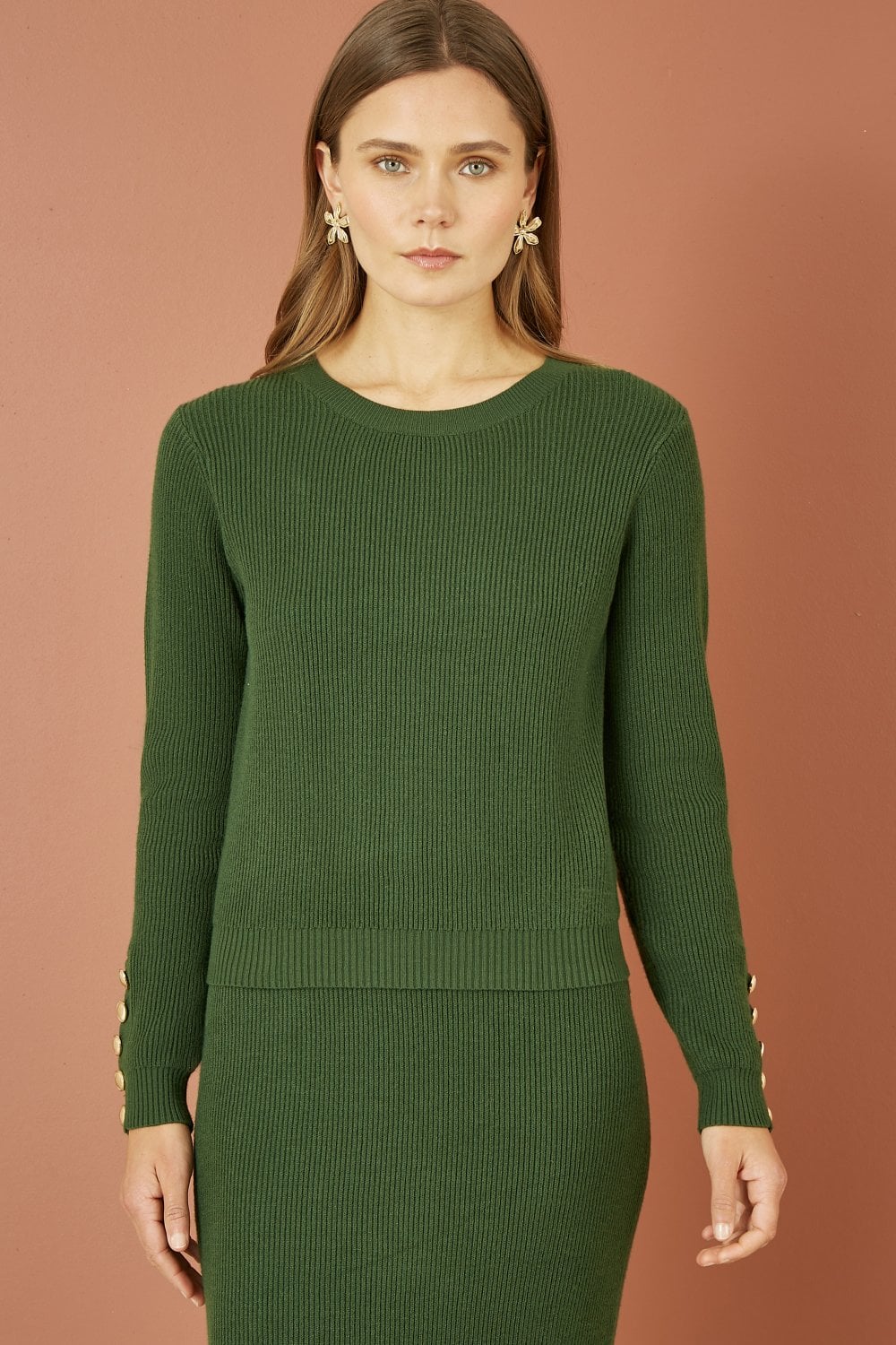 Yumi Green Rib Knitted Jumper With Sleeve Button Detail Yumi