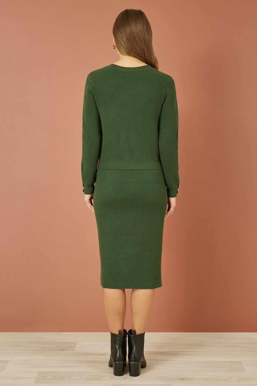 Yumi Green Rib Knitted Jumper With Sleeve Button Detail Yumi