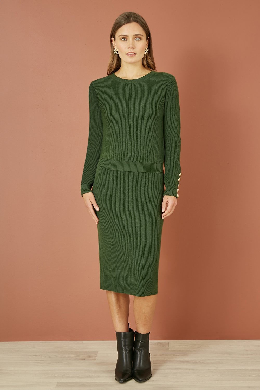 Yumi Green Rib Knitted Jumper With Sleeve Button Detail Yumi