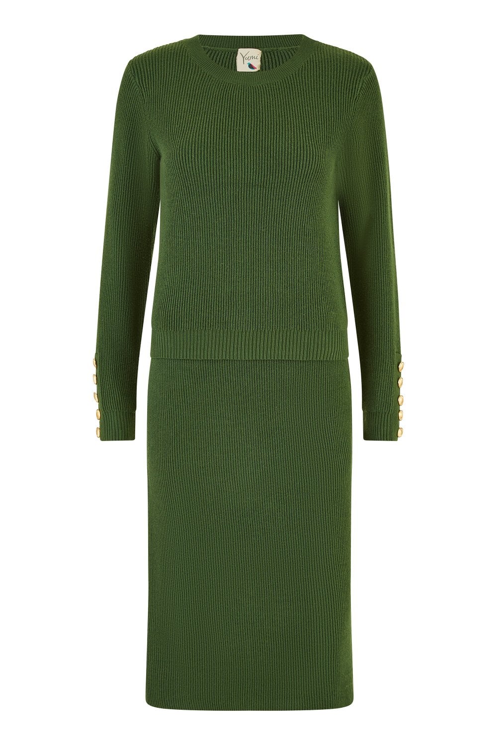 Yumi Green Rib Knitted Jumper With Sleeve Button Detail Yumi