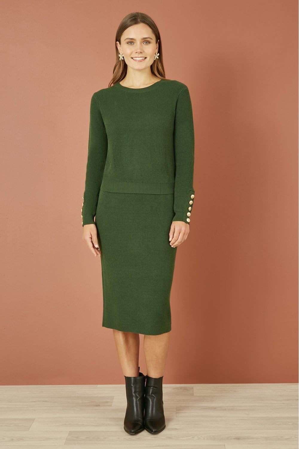 Yumi Green Rib Knitted Midi Column Skirt Yumi