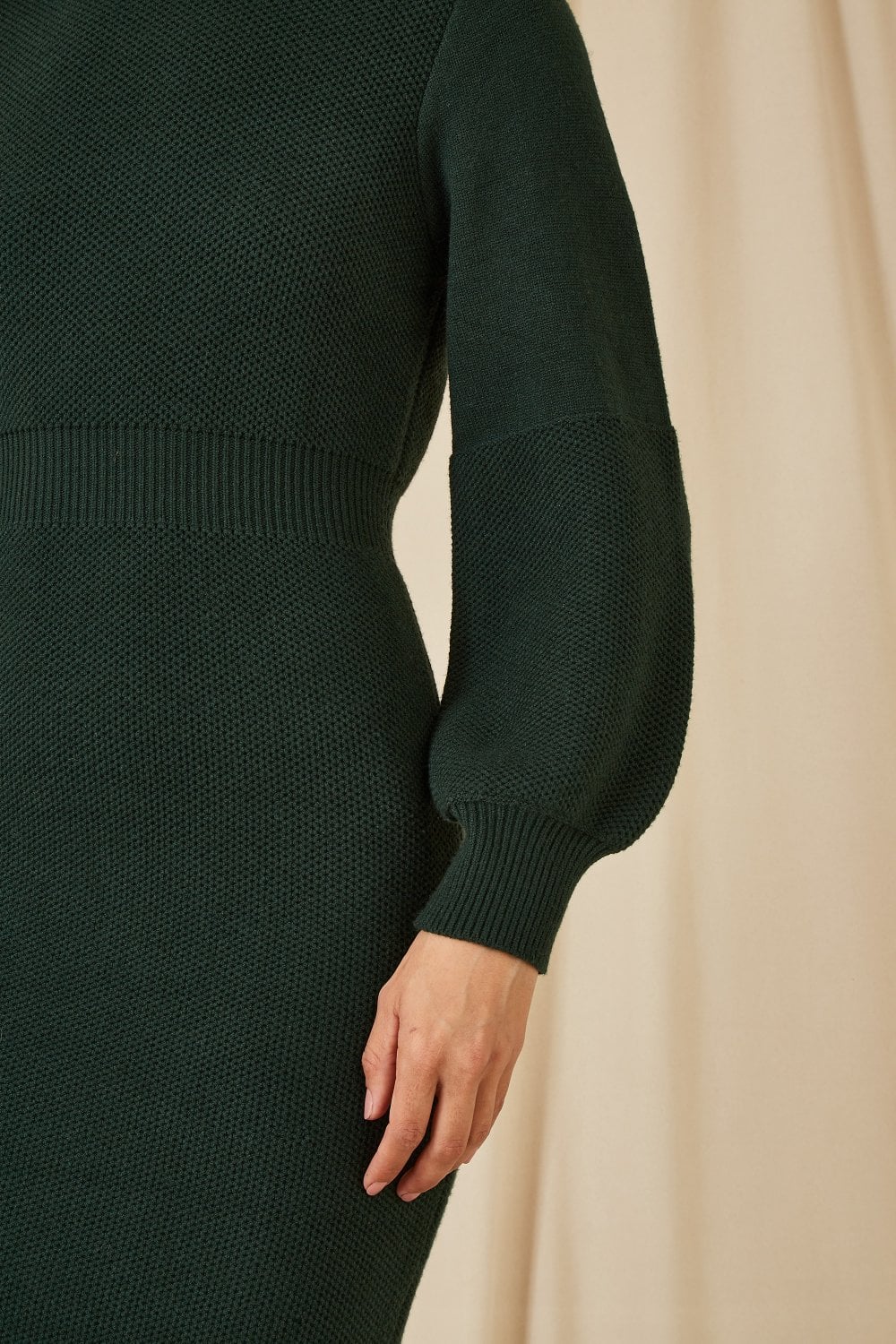 Yumi Green Roll Neck Knitted Dress With Fitted Waist Yumi