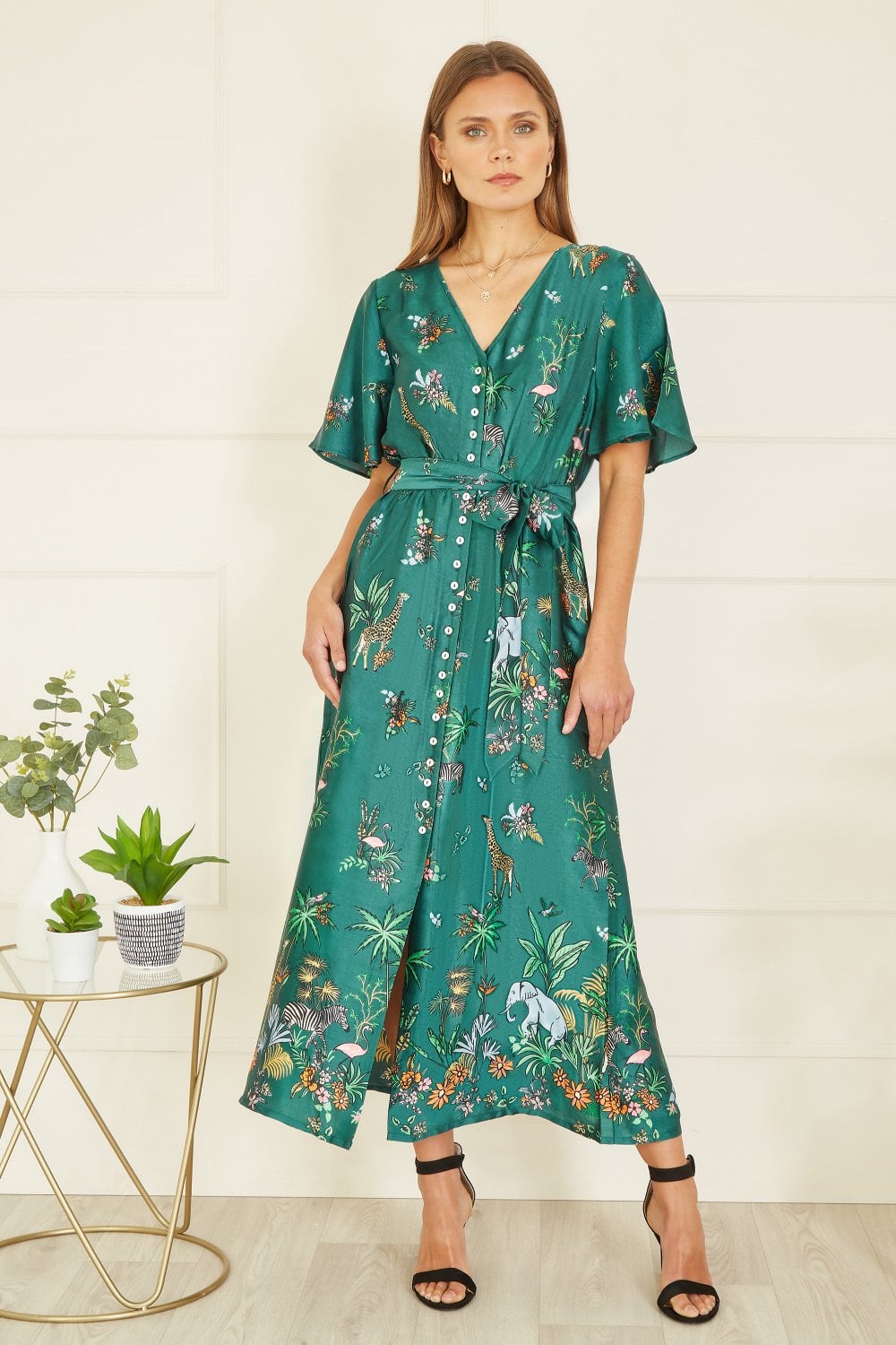 Yumi Green Satin Animal Safari Print Midi Shirt Dress Yumi