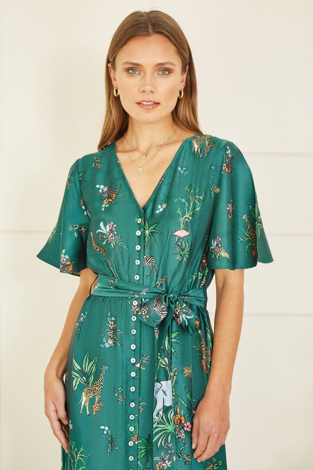 Yumi Green Satin Animal Safari Print Midi Shirt Dress Yumi