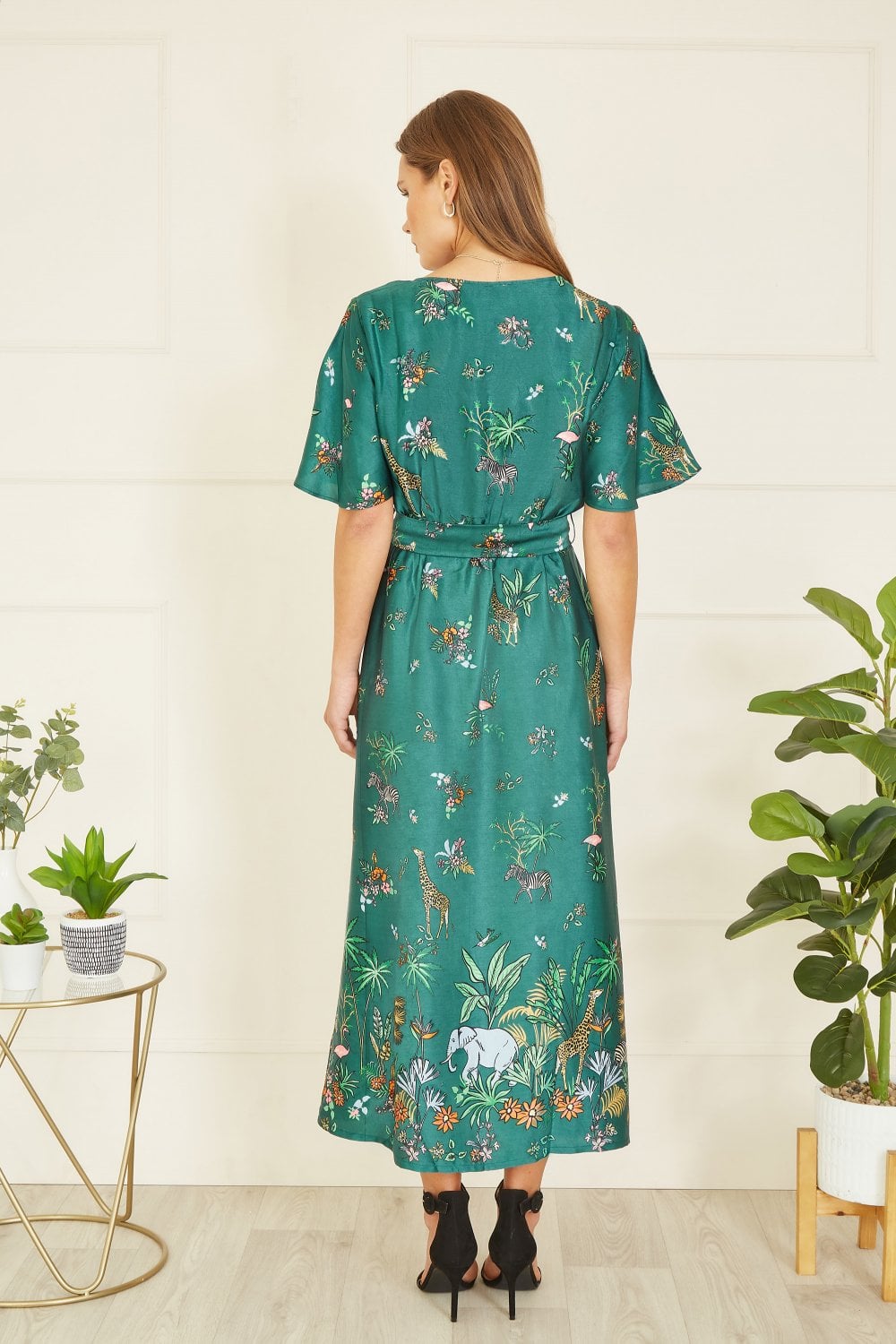 Yumi Green Satin Animal Safari Print Midi Shirt Dress Yumi