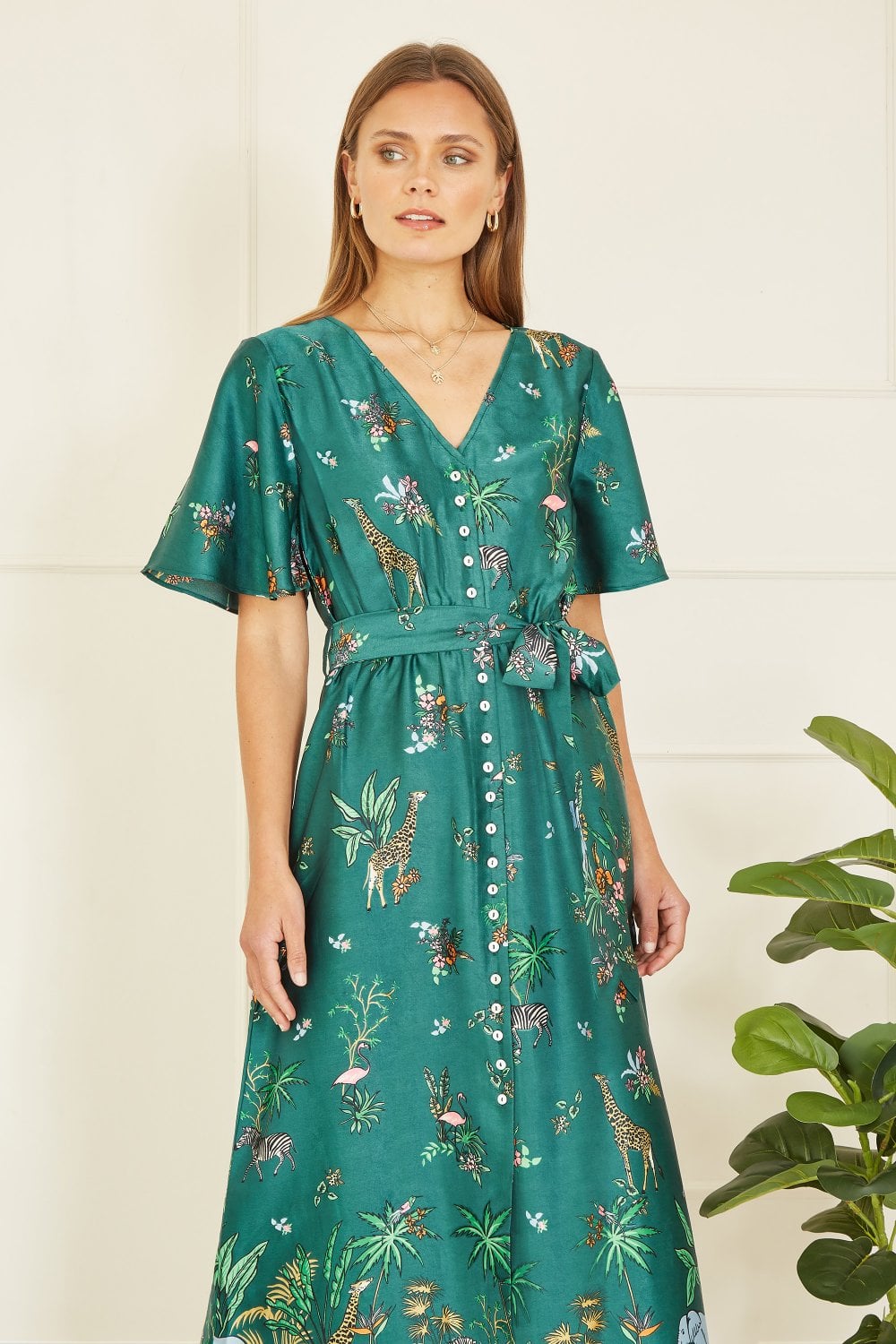 Yumi Green Satin Animal Safari Print Midi Shirt Dress Yumi