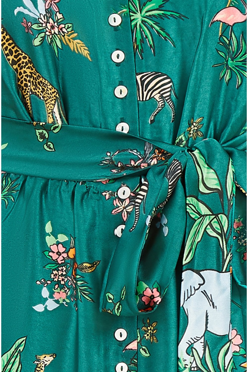 Yumi Green Satin Animal Safari Print Midi Shirt Dress Yumi