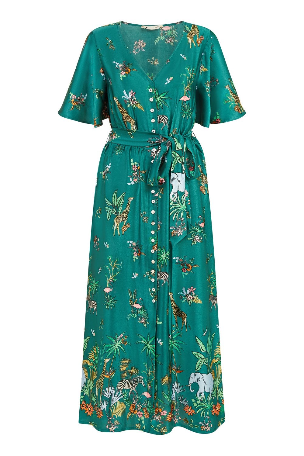 Yumi Green Satin Animal Safari Print Midi Shirt Dress Yumi