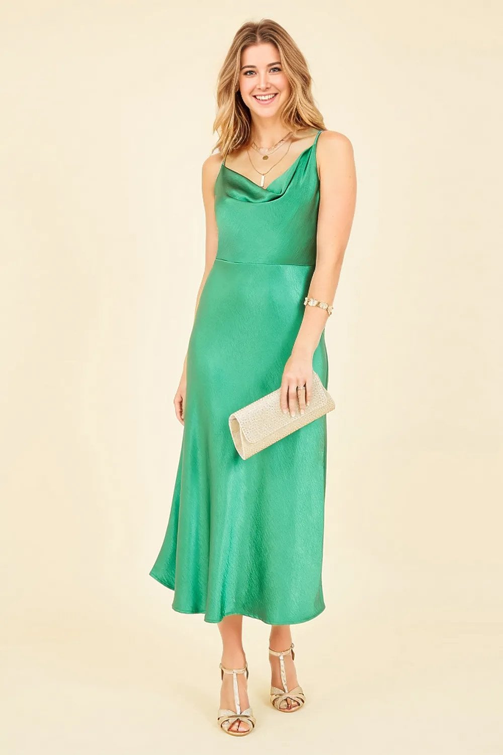 Yumi Green Satin Cowl Neck Slip Dress Yumi