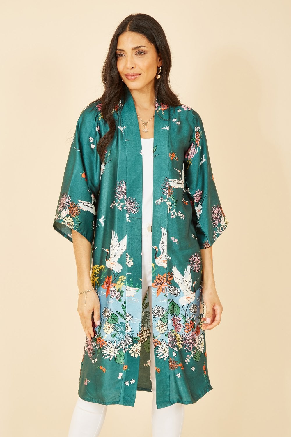 Yumi Green Satin Crane Border Kimono Yumi