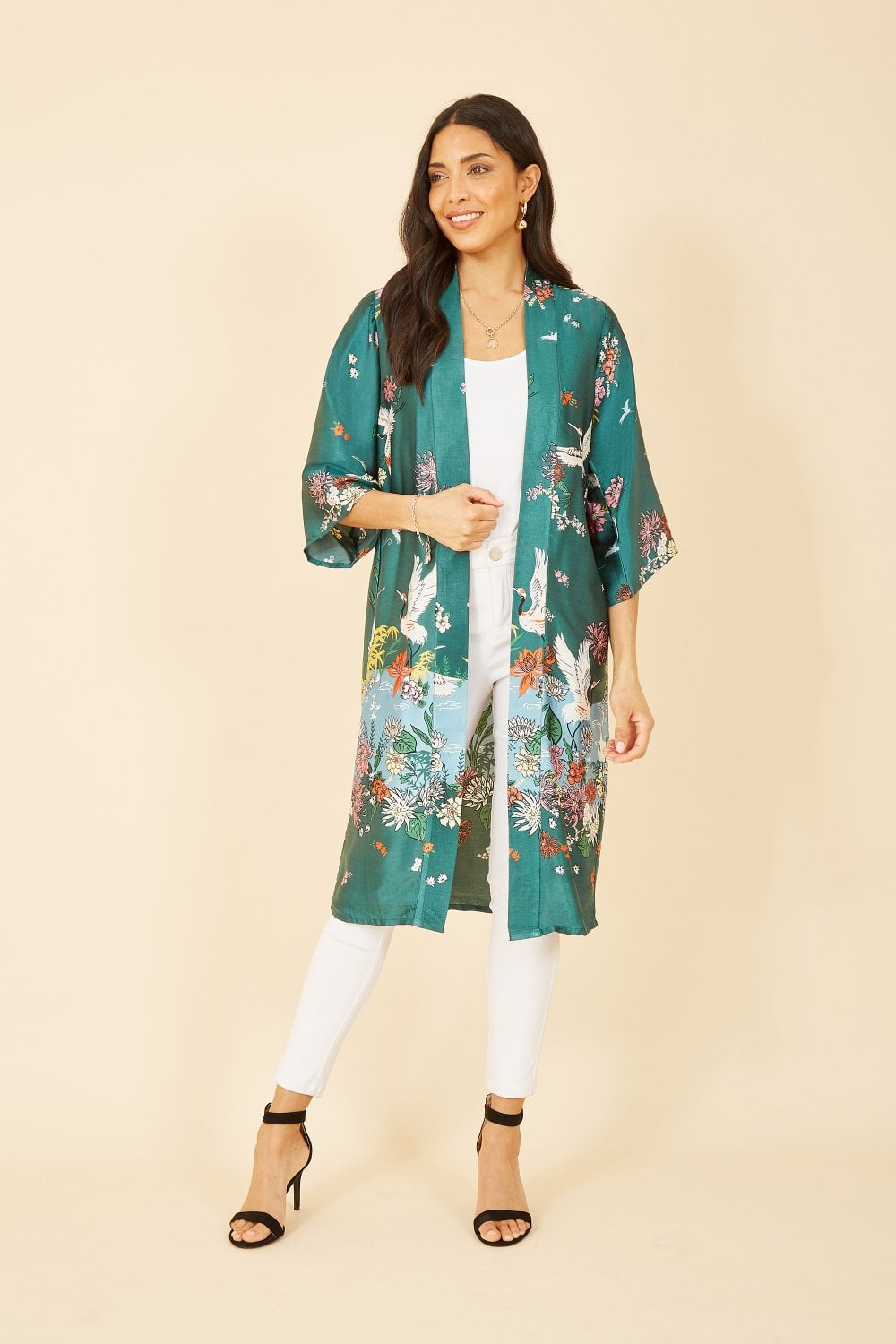 Yumi Green Satin Crane Border Kimono Yumi