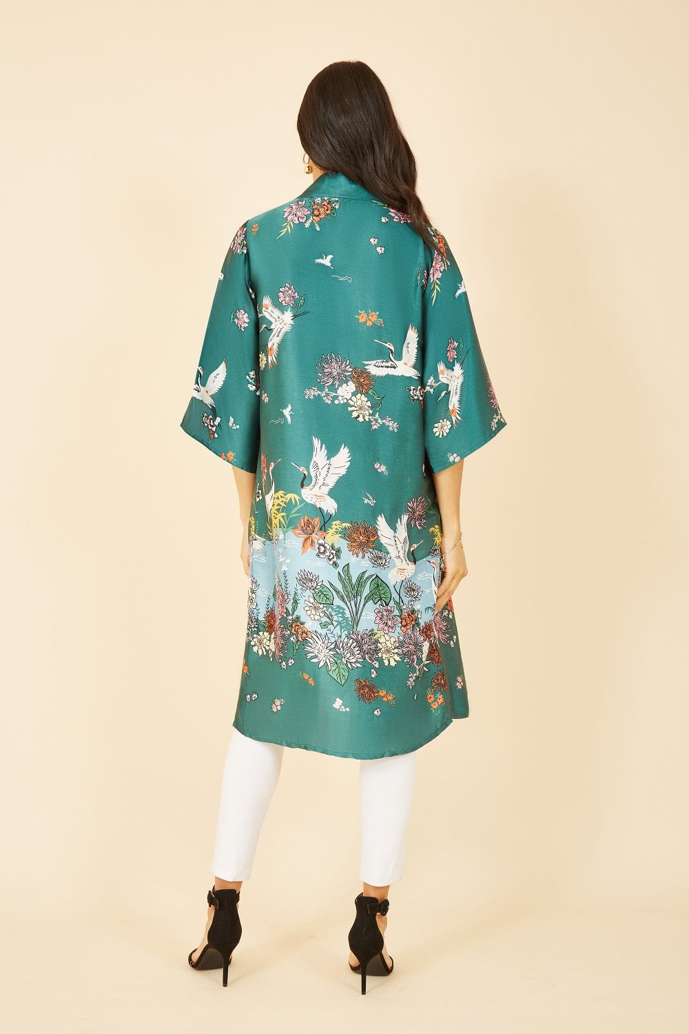 Yumi Green Satin Crane Border Kimono Yumi