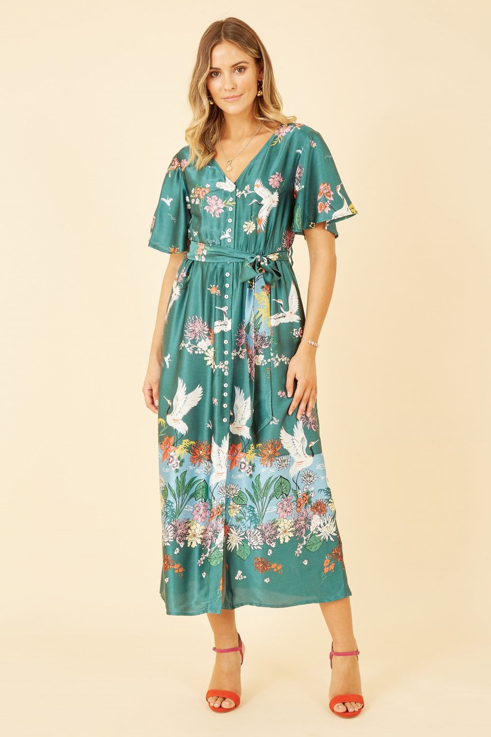 Yumi Teal Crane Satin Kimono Yumi