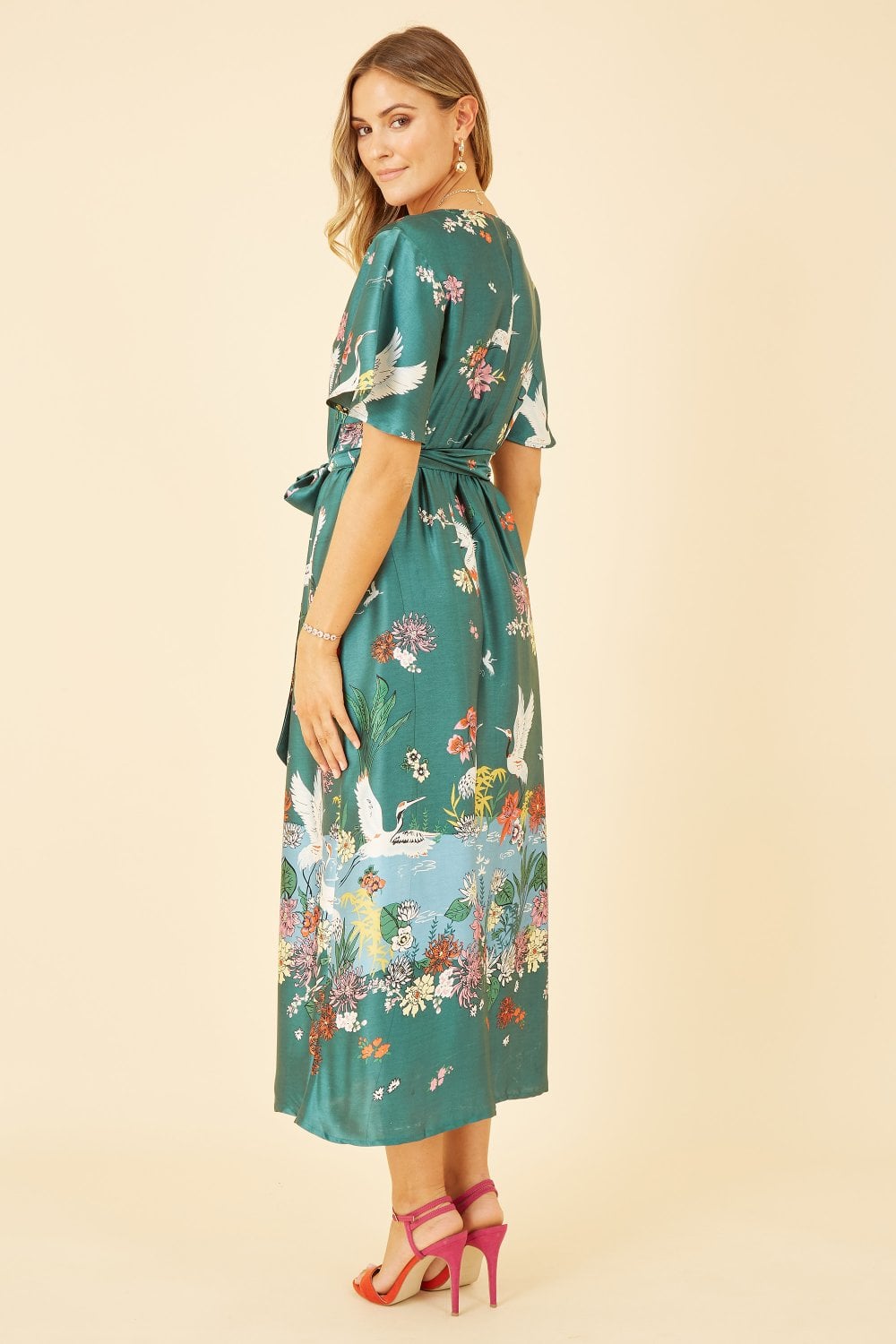 Yumi Teal Crane Satin Kimono Yumi