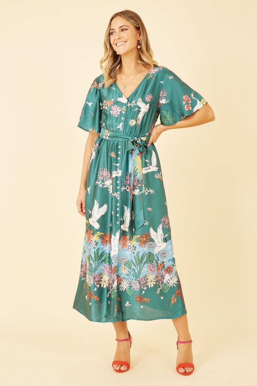 Yumi Green Satin Crane Print Border Shirt Dress Yumi