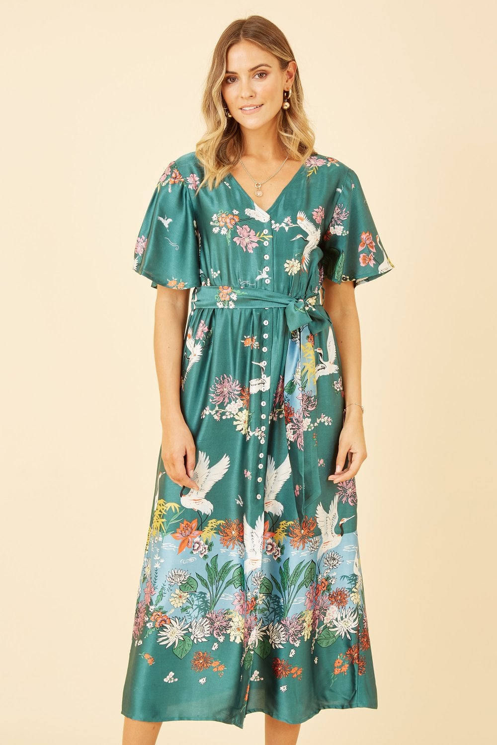 Yumi Green Satin Crane Print Border Shirt Dress Yumi