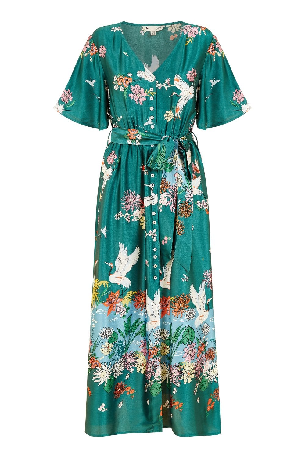 Yumi Teal Crane Satin Kimono Yumi