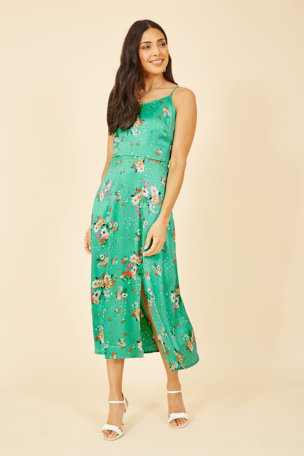 Yumi Green Satin Floral Midi Slip Sundress Yumi