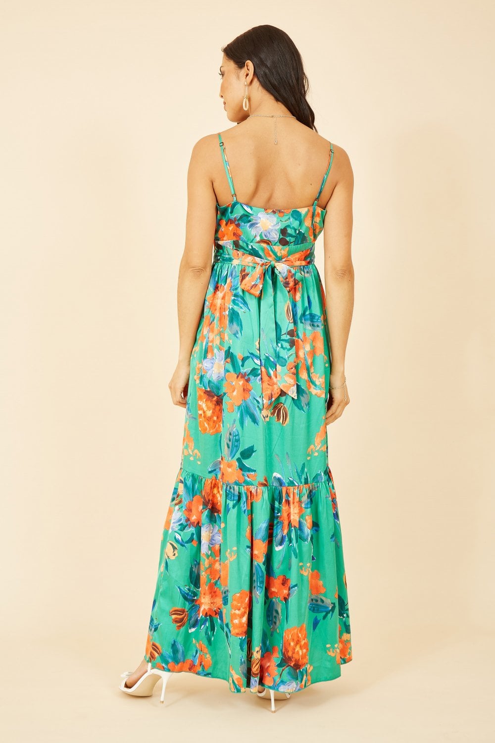 Yumi Green Satin Floral Strappy Maxi Dress Yumi