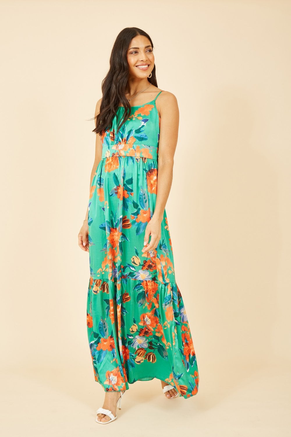 Yumi Green Satin Floral Strappy Maxi Dress Yumi