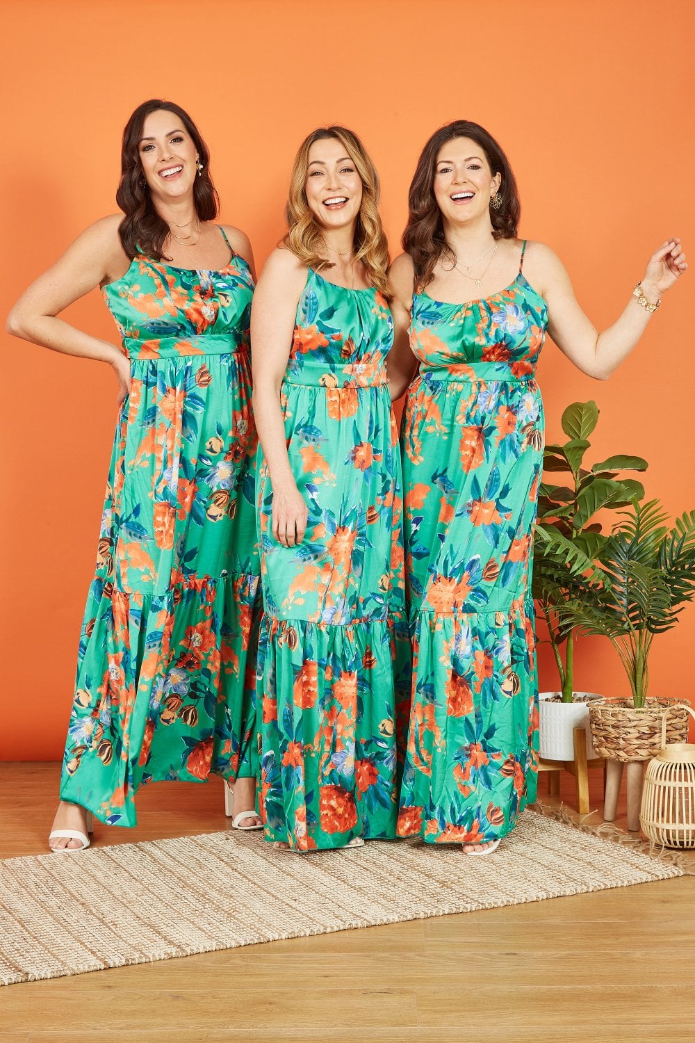 Yumi Green Satin Floral Strappy Maxi Dress Yumi