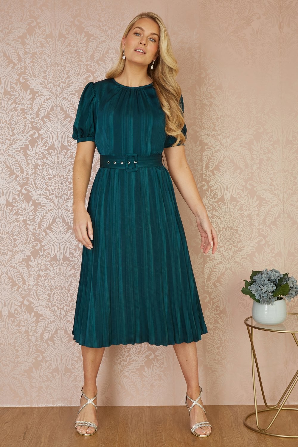 Yumi Green Satin Striped Midi Dress With Pleats and Matching Belt Yumi