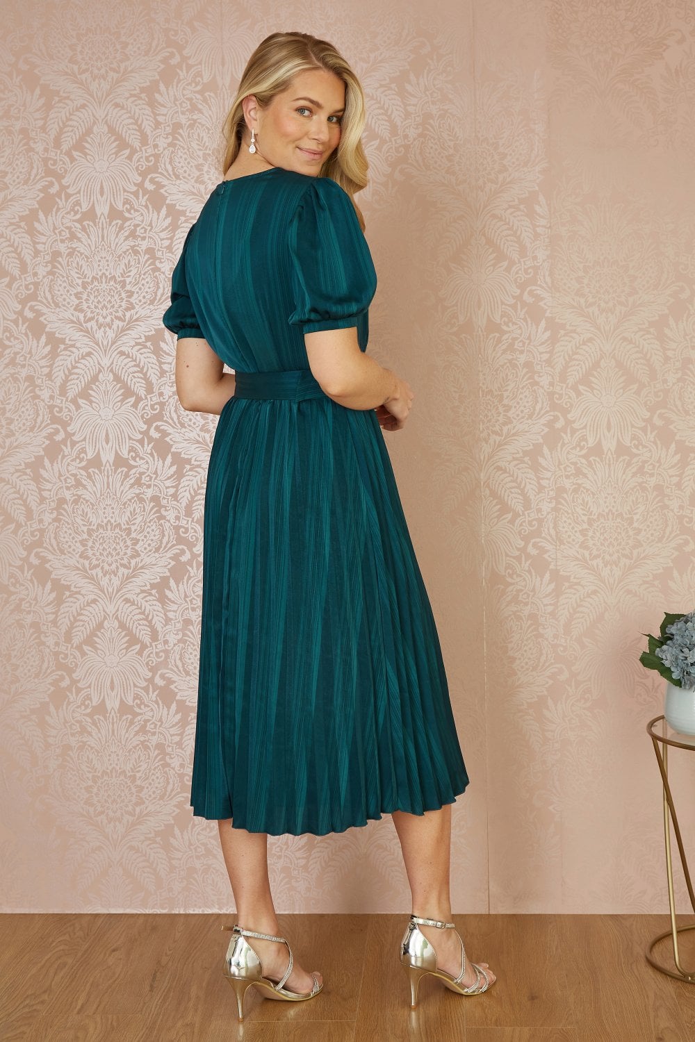 Yumi Green Satin Striped Midi Dress With Pleats and Matching Belt Yumi