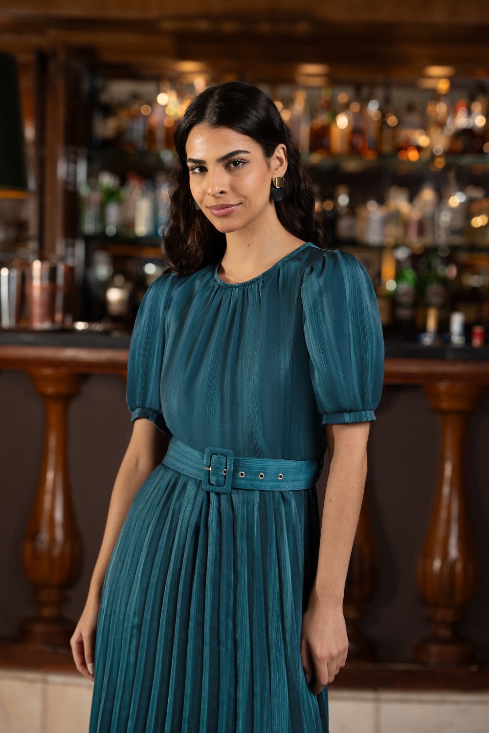 Yumi Green Satin Striped Midi Dress With Pleats and Matching Belt Yumi