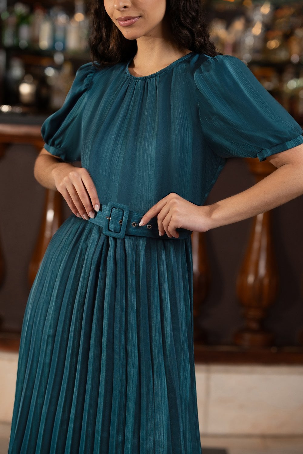 Yumi Green Satin Striped Midi Dress With Pleats and Matching Belt Yumi