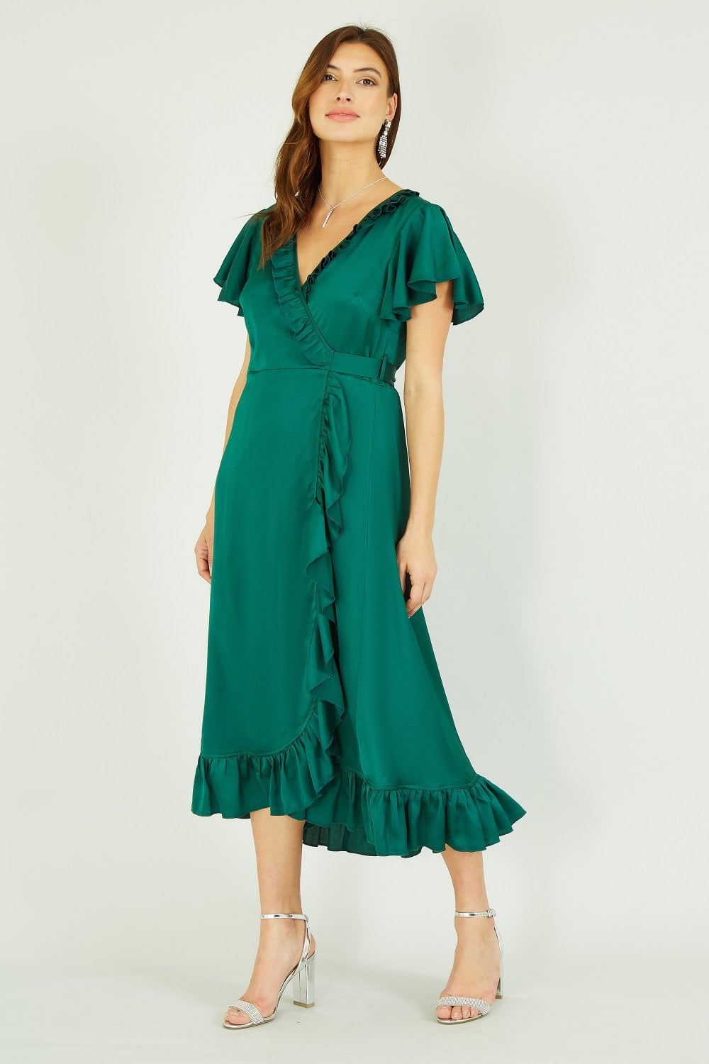 Yumi Green Satin Wrap Midi Dress Yumi