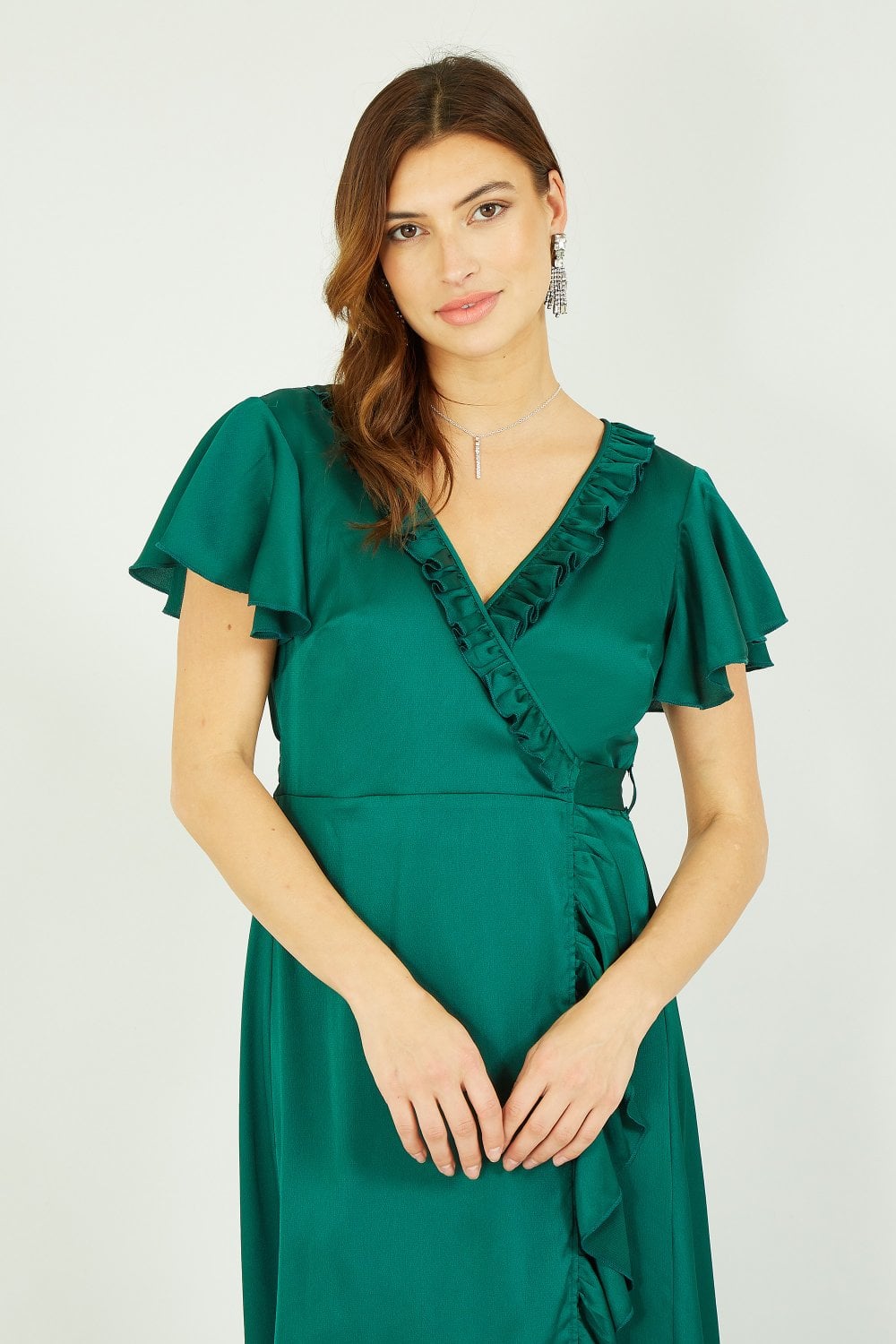 Yumi Green Satin Wrap Midi Dress Yumi